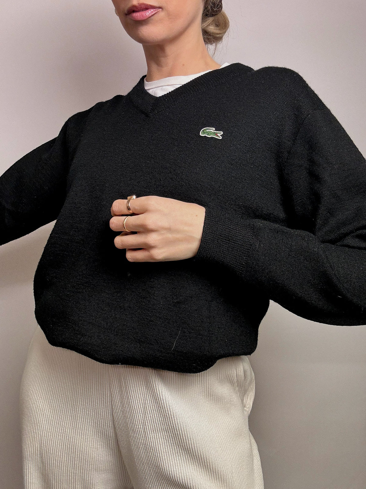 LACOSTE S vintage black V-neck wool sweater