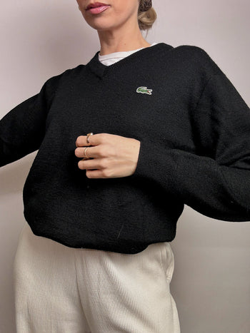 Pull en laine col V noir LACOSTE S vintage