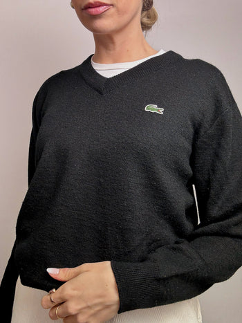 Pull en laine col V noir LACOSTE S vintage