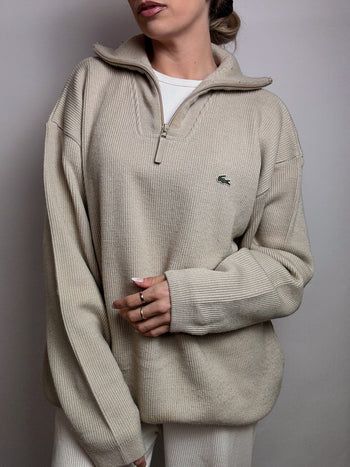 Pull épais col cheminée beige LACOSTE XXL vintage