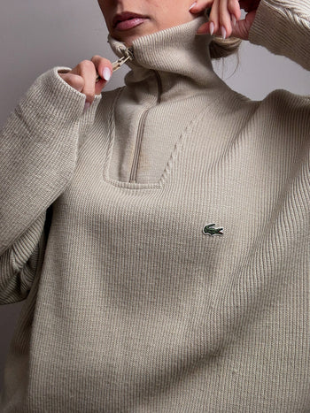 Pull épais col cheminée beige LACOSTE XXL vintage