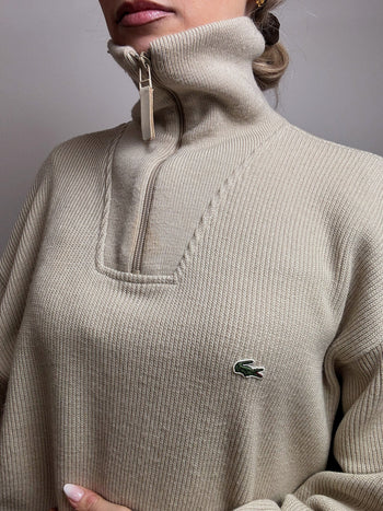 Pull épais col cheminée beige LACOSTE XXL vintage