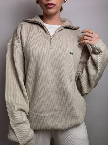 Pull épais col cheminée beige LACOSTE XXL vintage