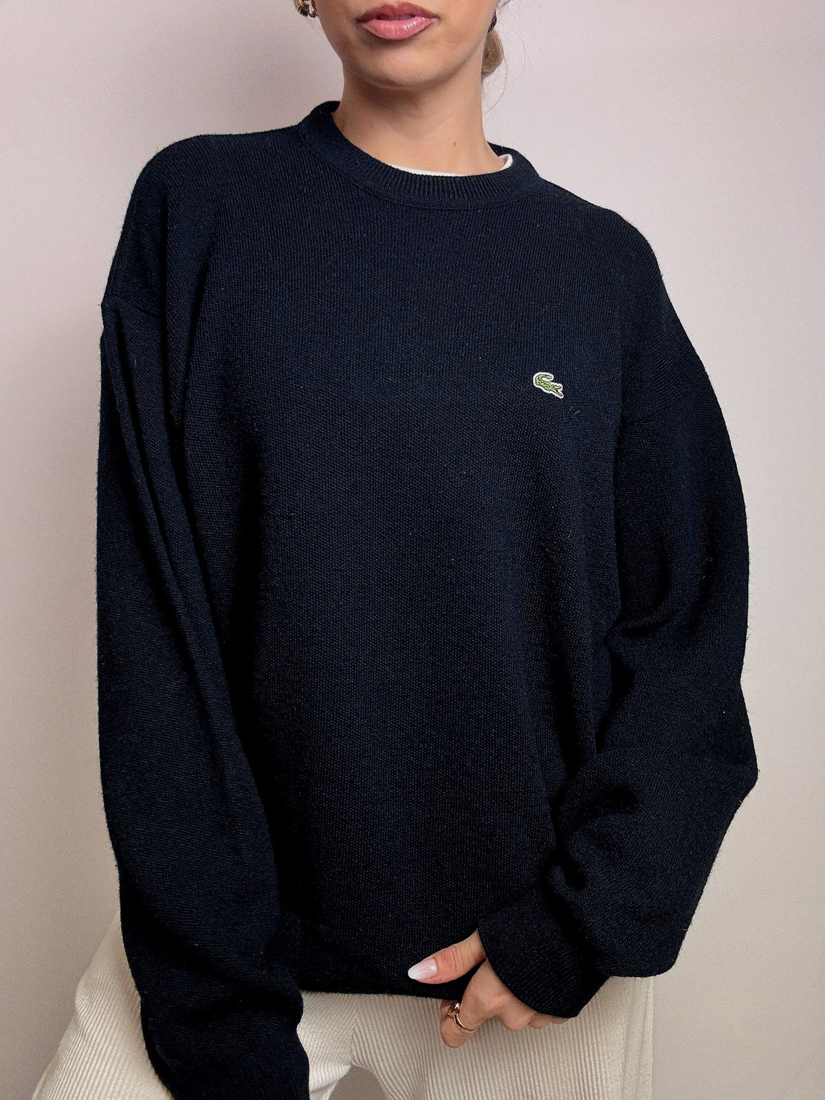 LACOSTE XL vintage navy crew neck wool sweater