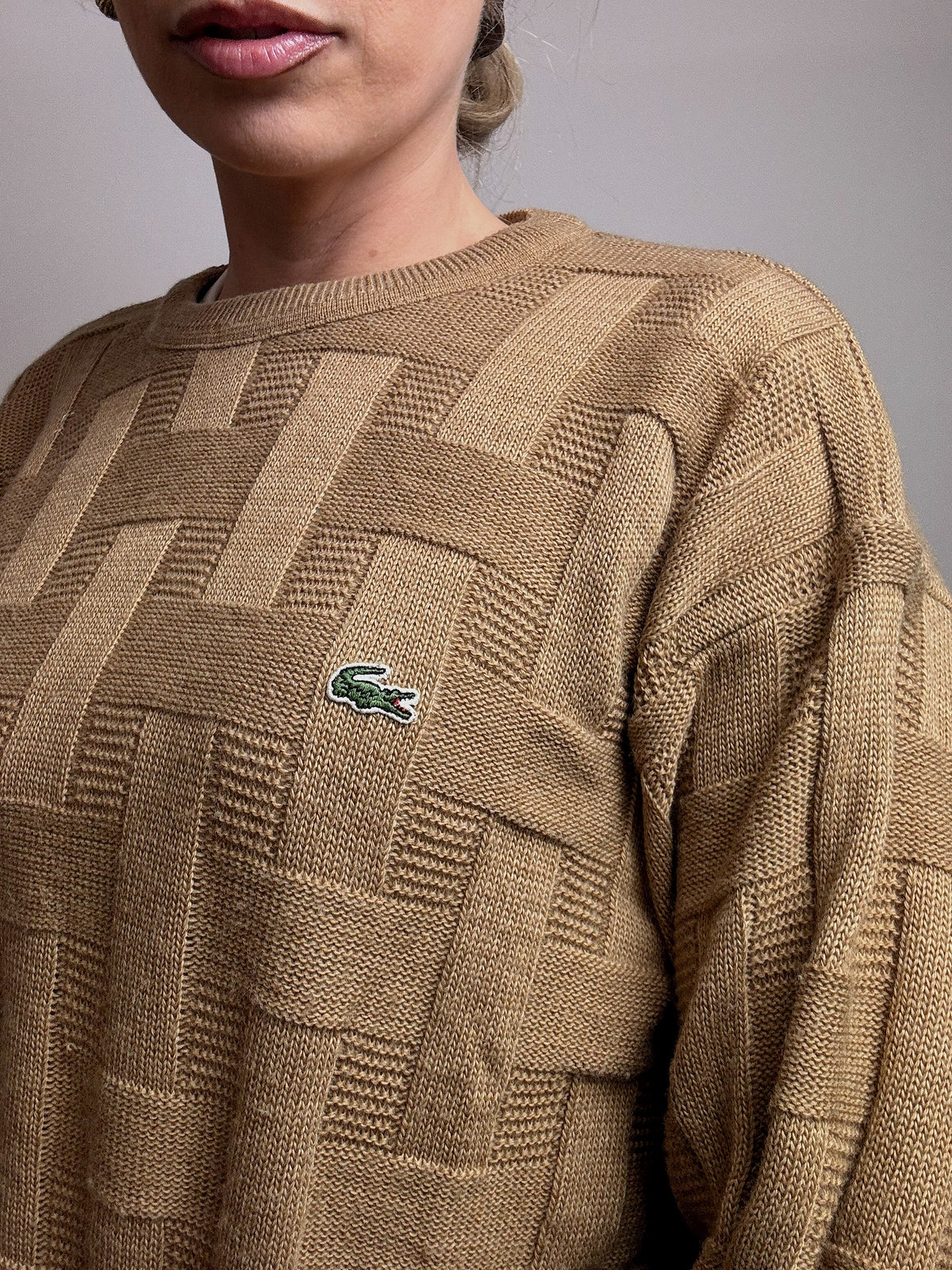 LACOSTE L vintage beige braided crew neck sweater