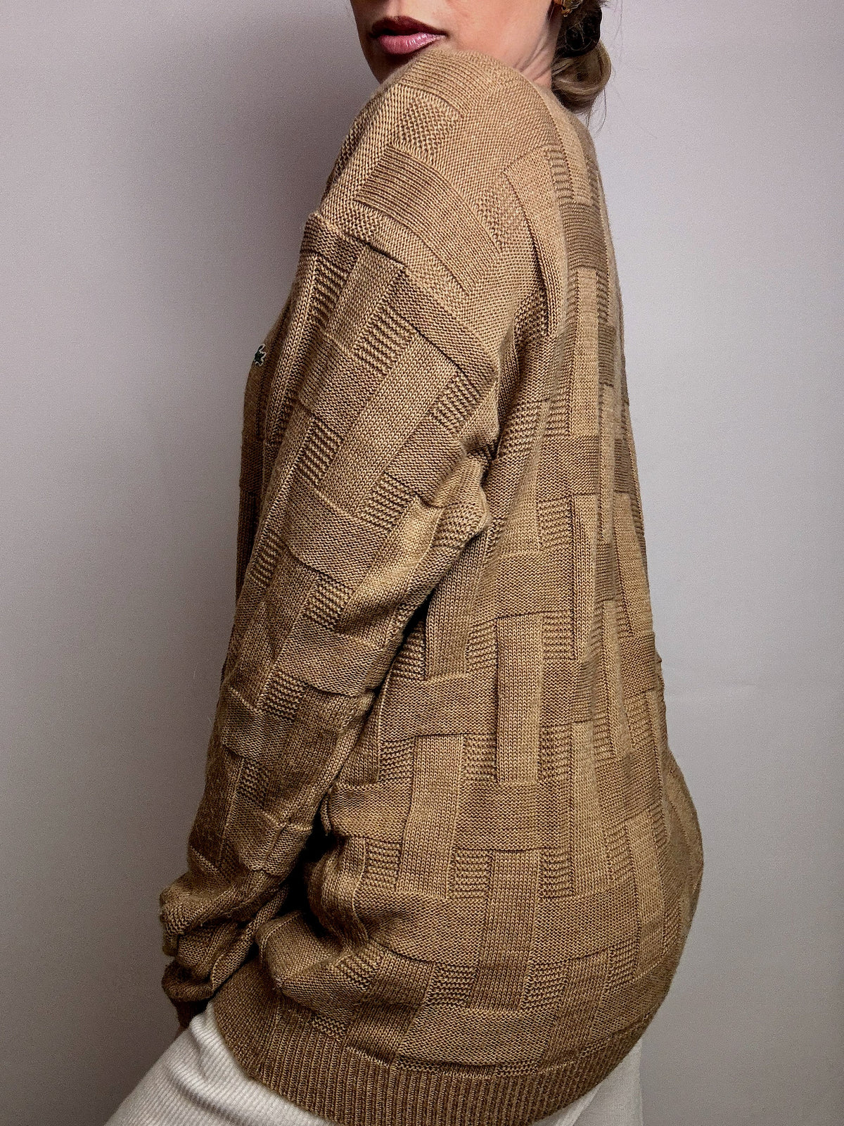 LACOSTE L vintage beige braided crew neck sweater