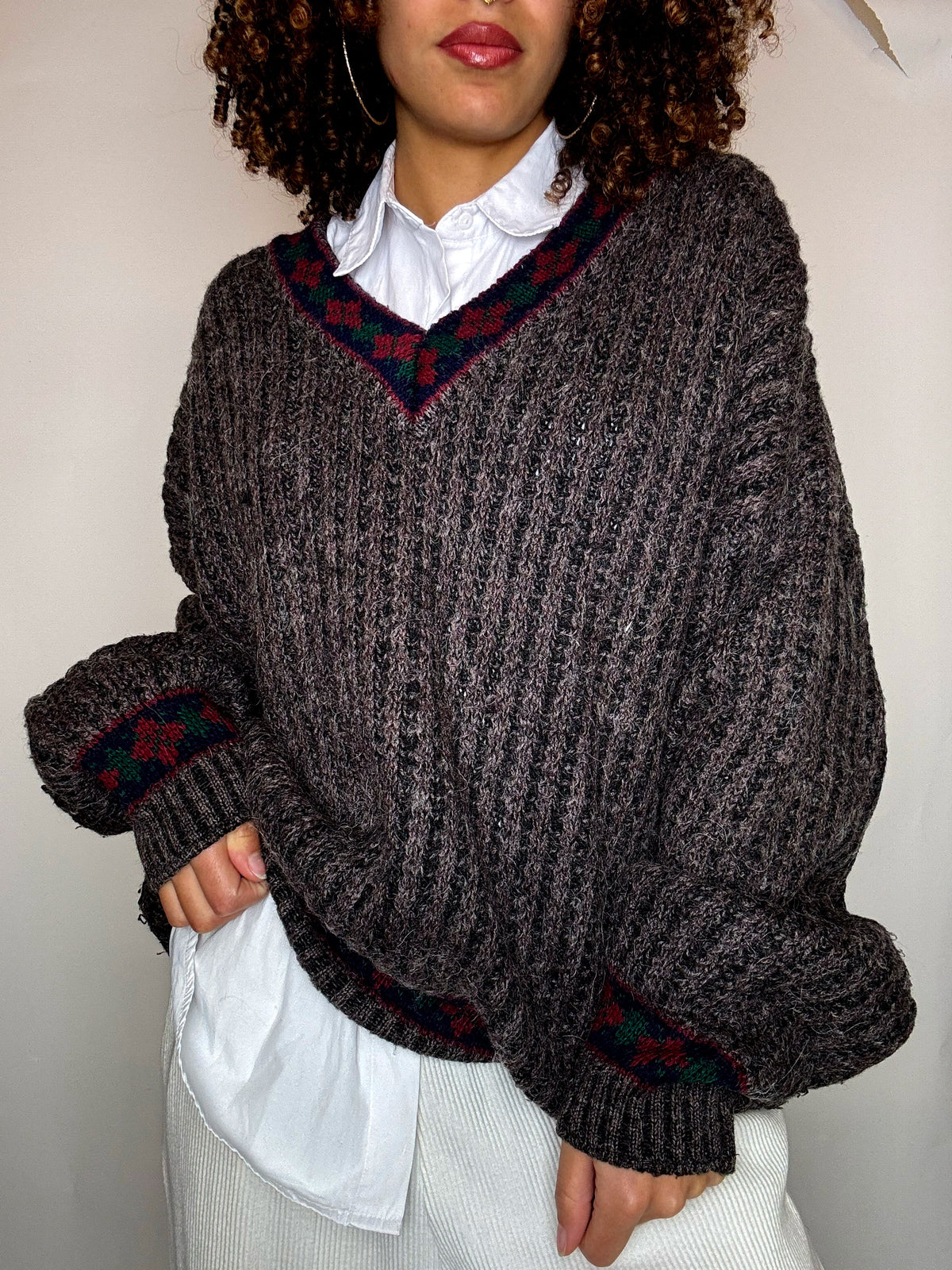 Pull en maille brun a motif XL vintage