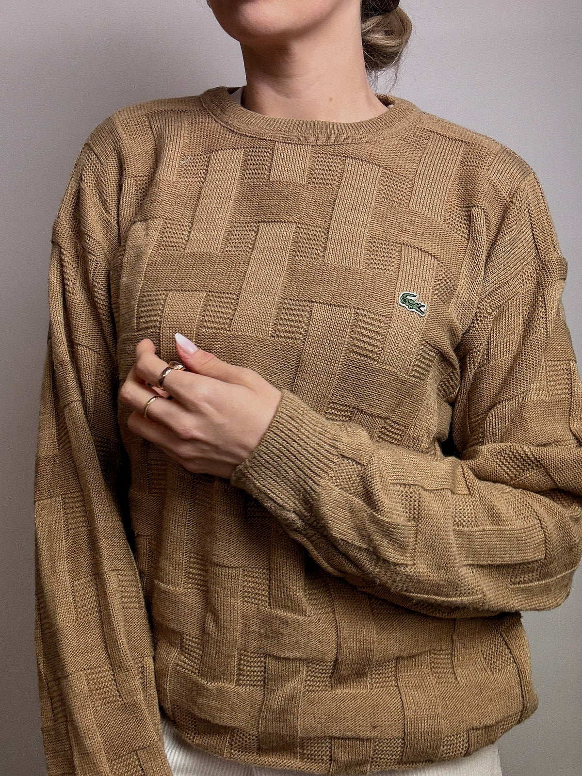 LACOSTE L vintage beige braided crew neck sweater