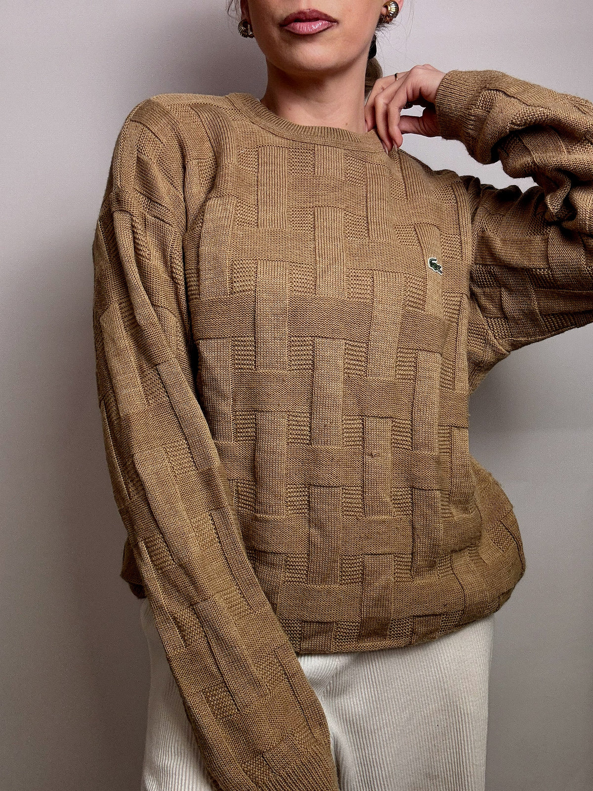 LACOSTE L vintage beige braided crew neck sweater