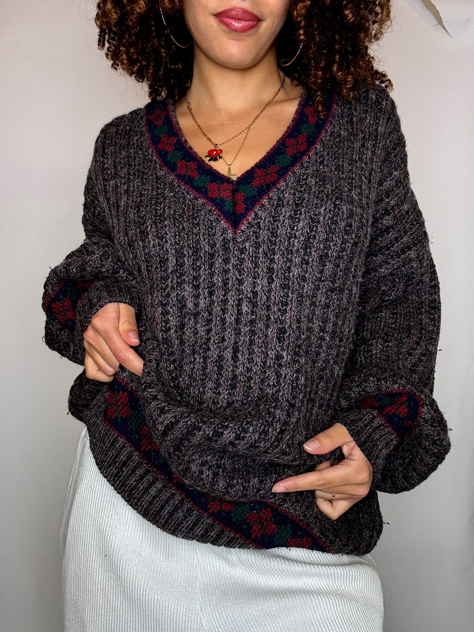 Pull en maille brun a motif XL vintage