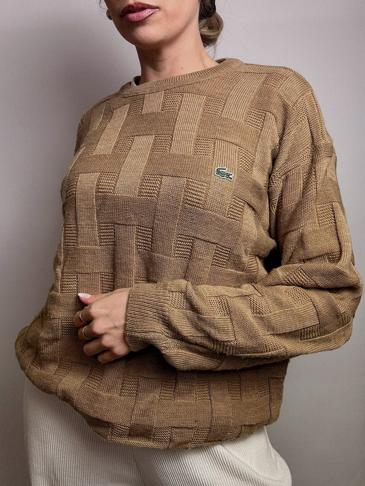 LACOSTE L vintage beige braided crew neck sweater