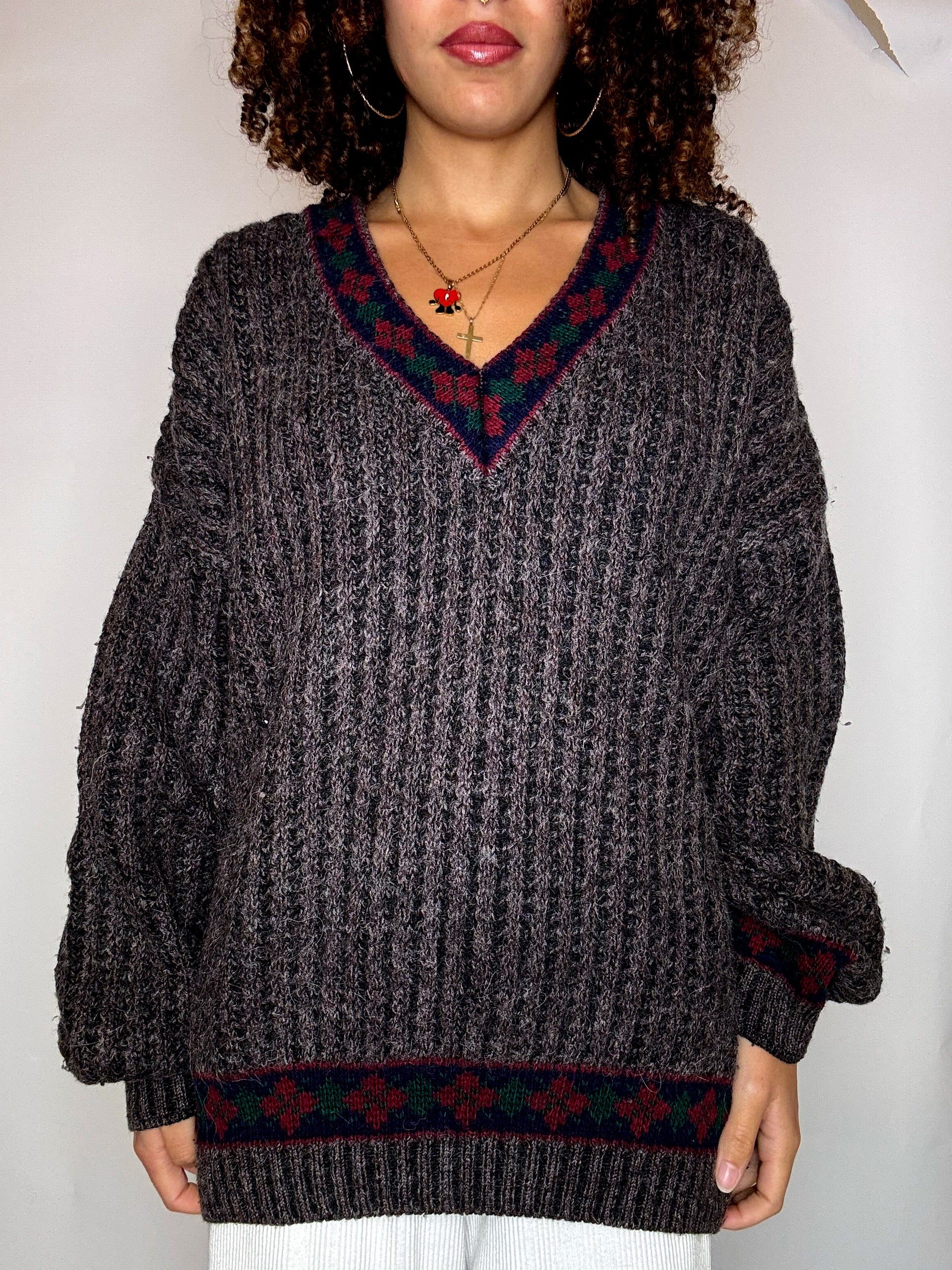 Pull en maille brun a motif XL vintage