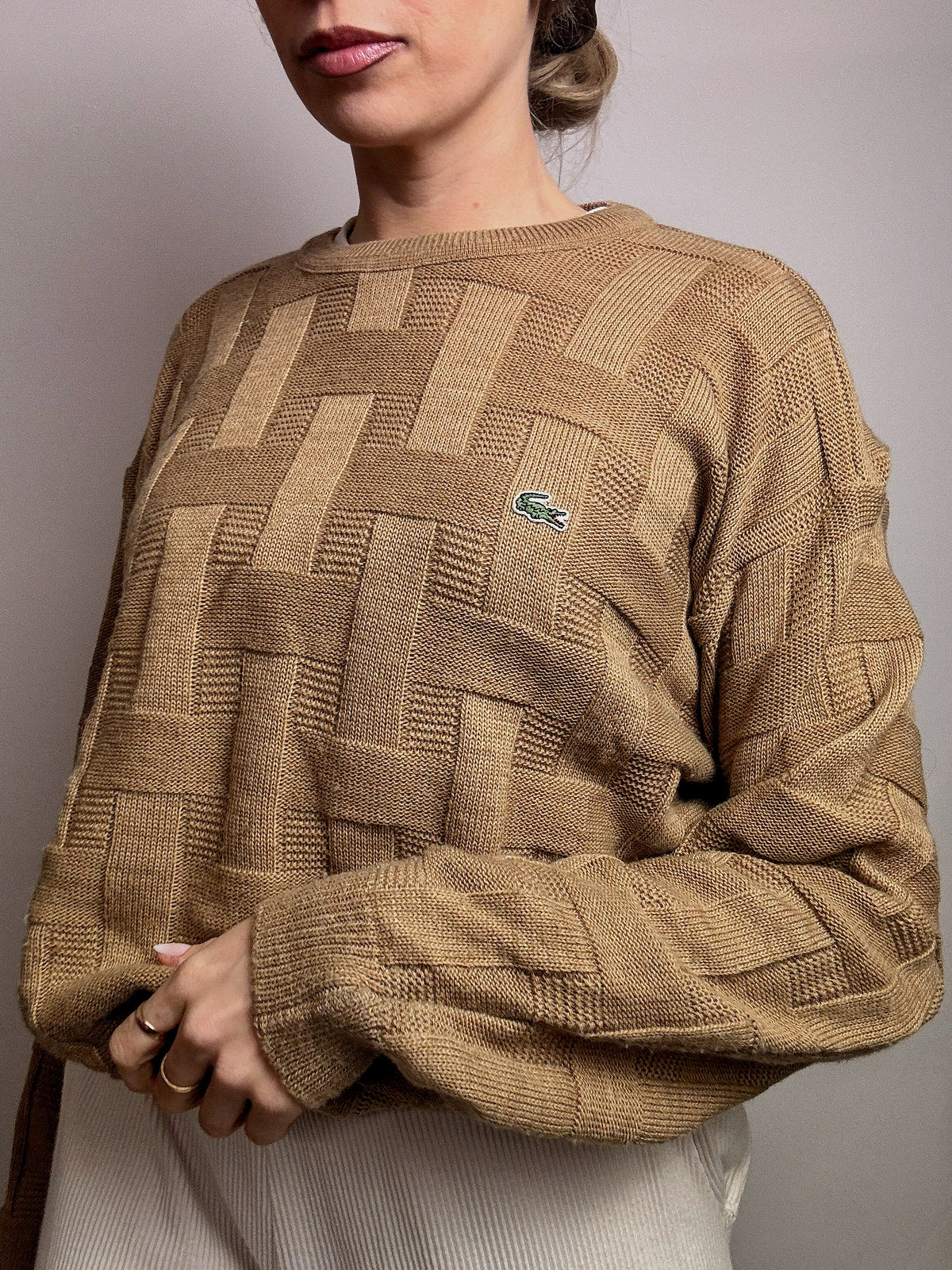 LACOSTE L vintage beige braided crew neck sweater