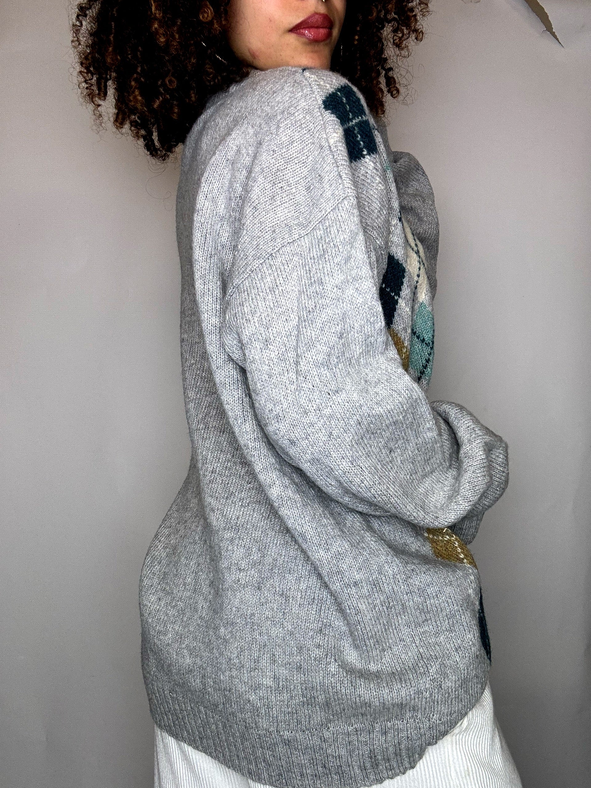 Pull gris motif argyle M vintage