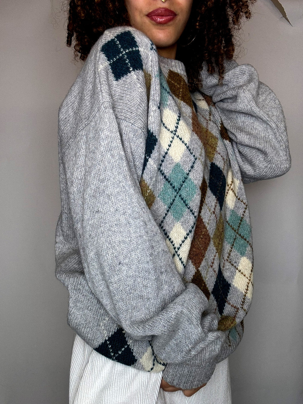Pull gris motif argyle M vintage