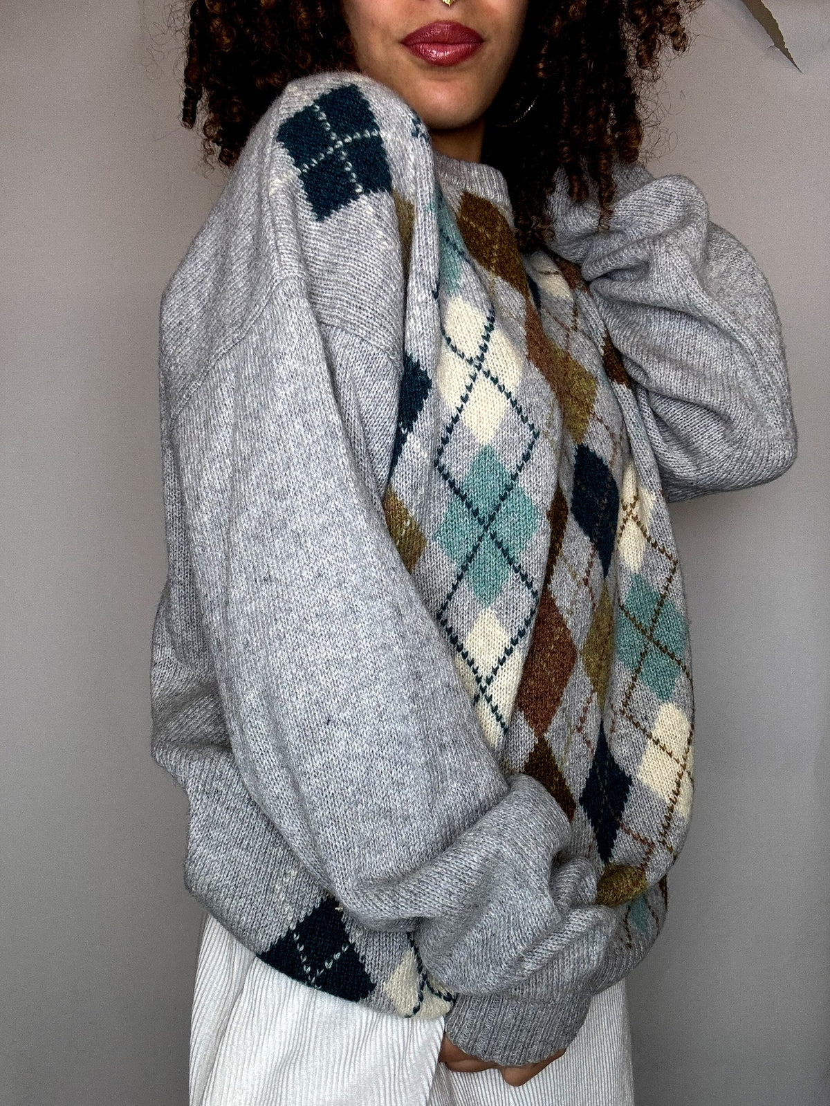 Pull gris motif argyle M vintage