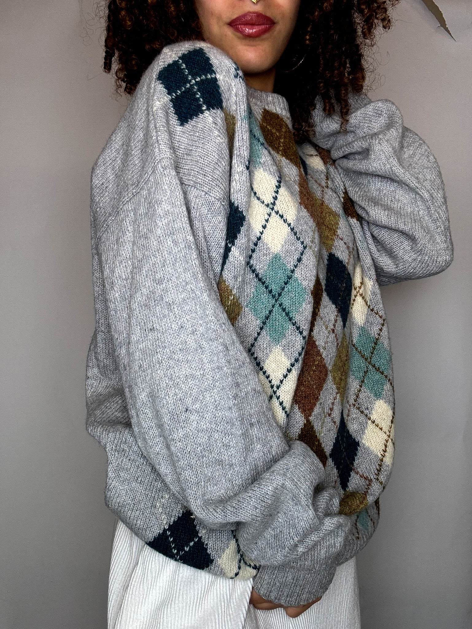 Pull gris motif argyle M vintage