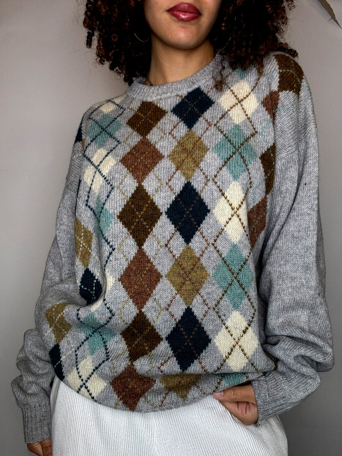 Pull gris motif argyle M vintage