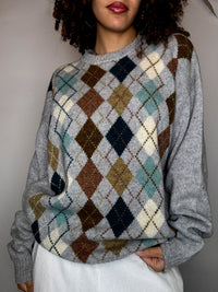 Pull gris motif argyle M vintage