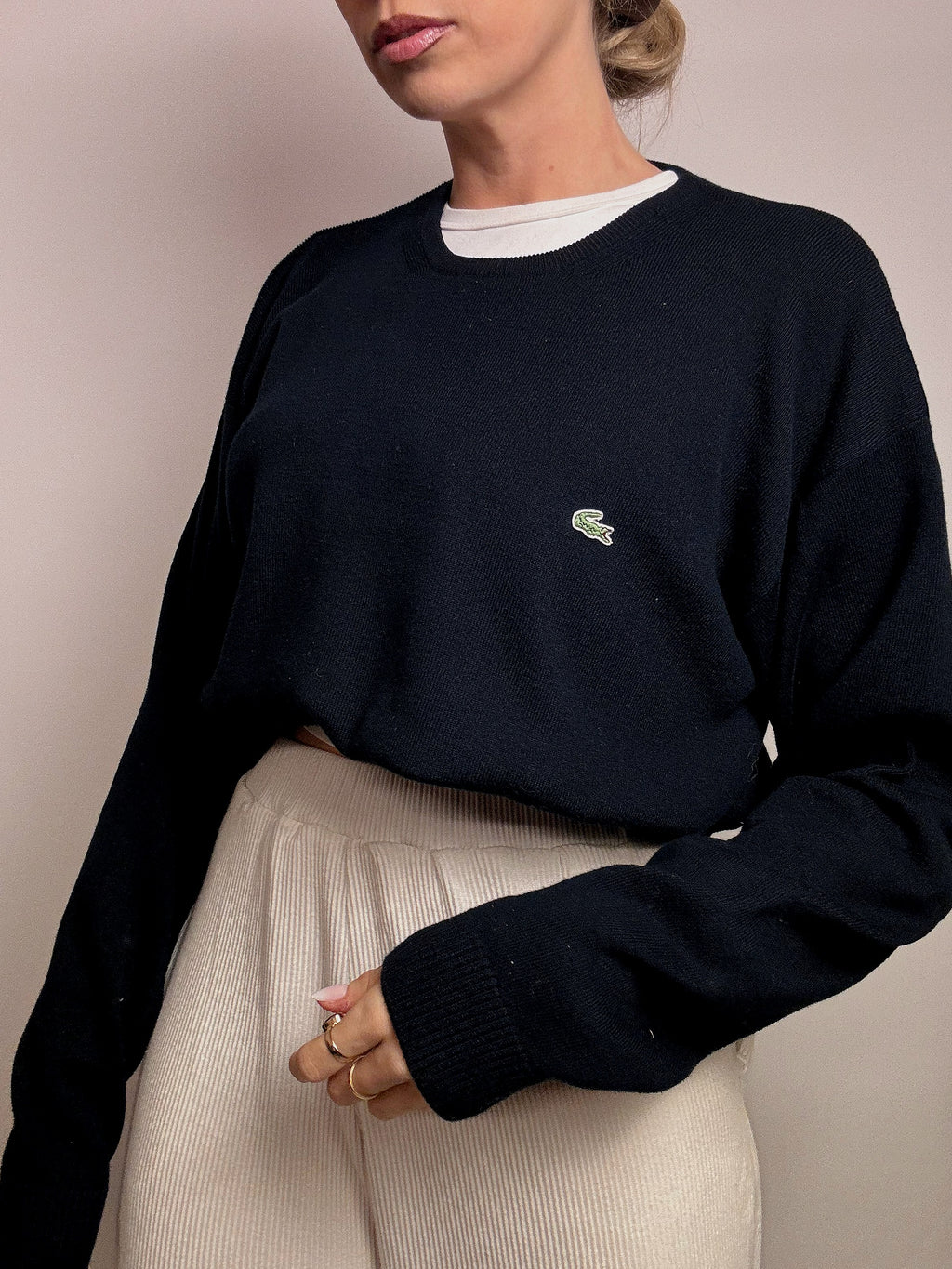 LACOSTE L Vintage marineblauer Rundhalspullover aus Baumwolle