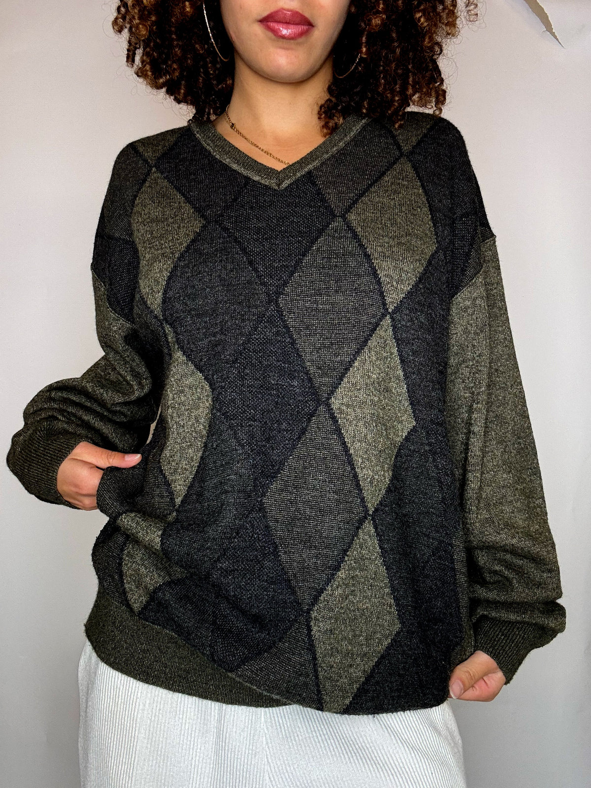 Pull kaki motif argyle L vintage