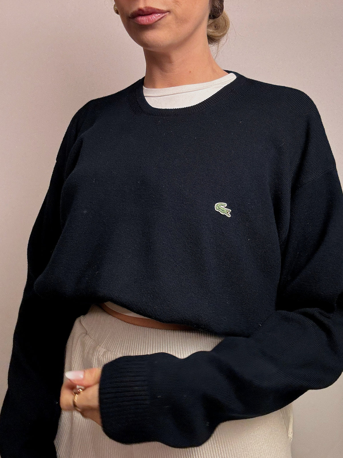 LACOSTE L vintage navy blue cotton crew neck sweater