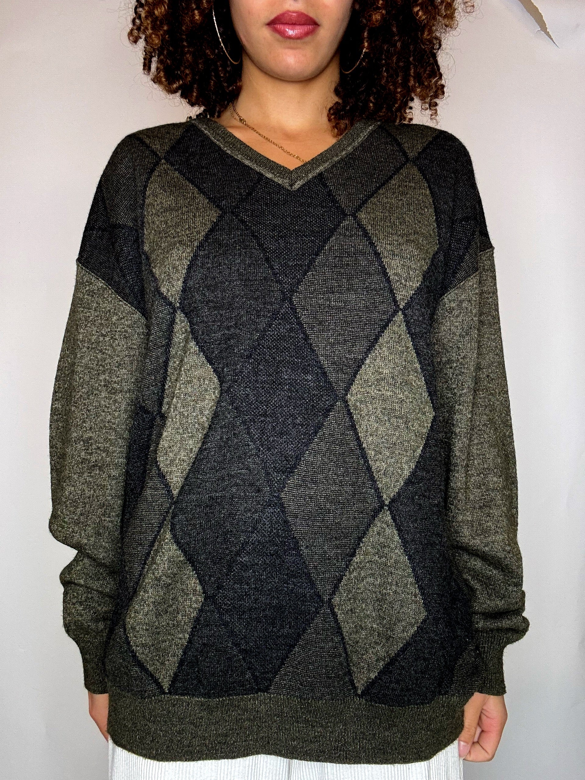 Pull kaki motif argyle L vintage