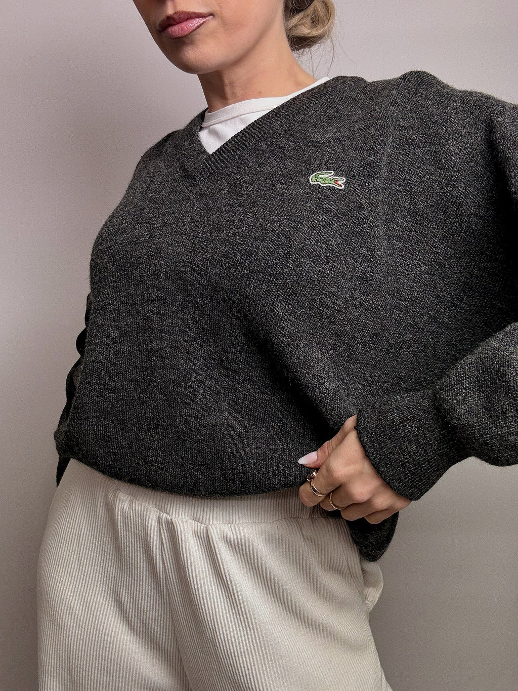 LACOSTE L vintage dark gray V-neck wool sweater