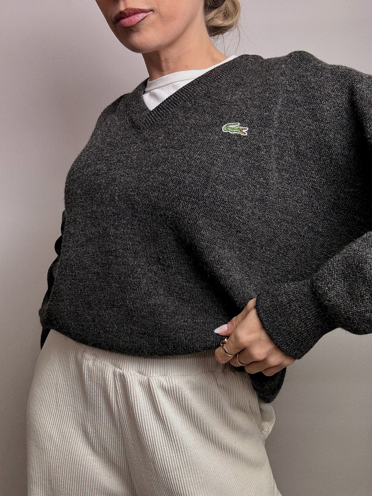 LACOSTE L vintage dark gray V-neck wool sweater