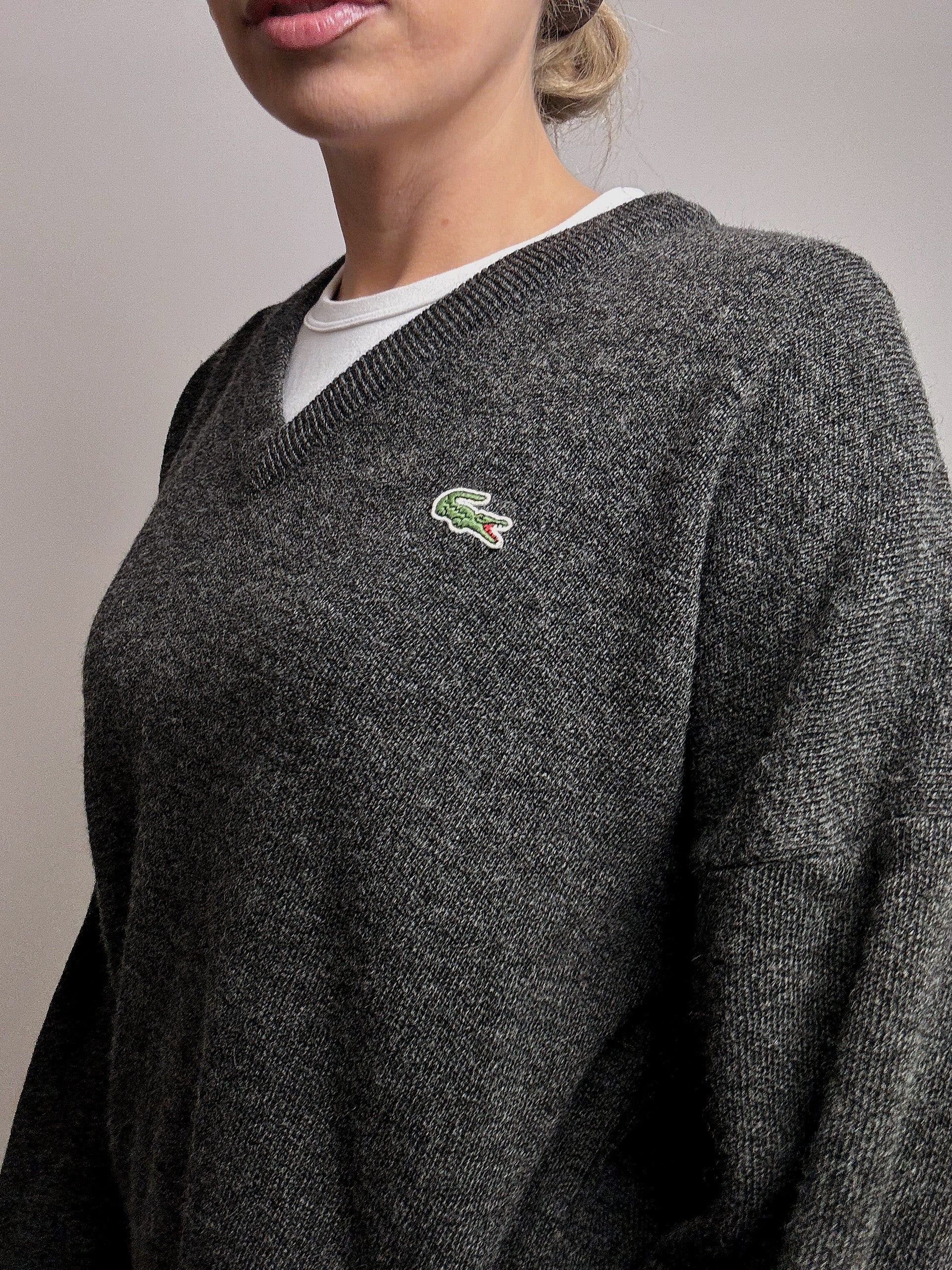 LACOSTE L vintage dark gray V-neck wool sweater