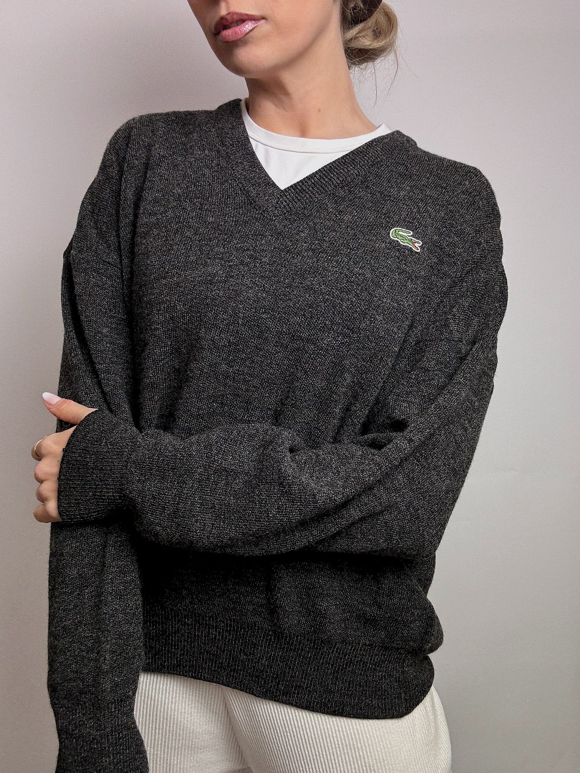 LACOSTE L vintage dark gray V-neck wool sweater