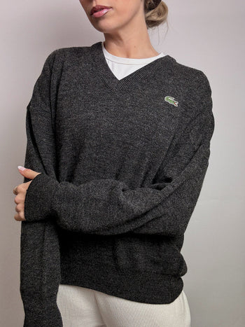 Pull en laine col V gris foncé LACOSTE L vintage