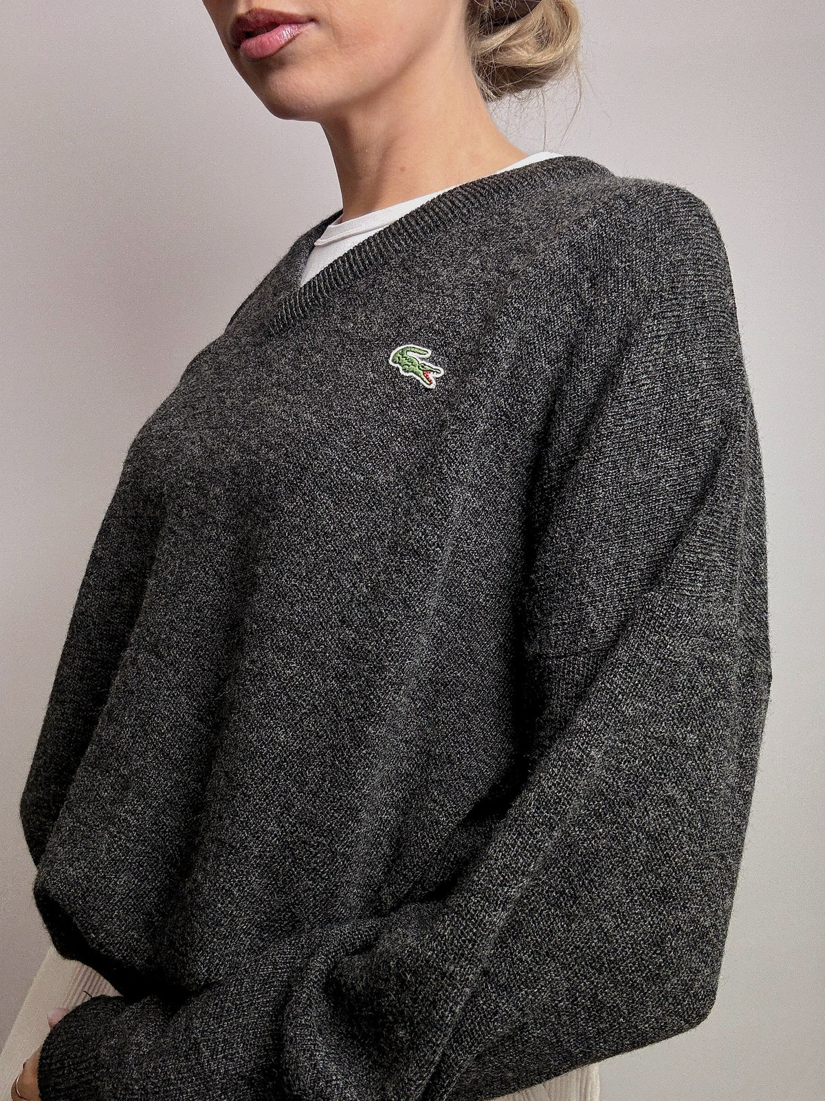 LACOSTE L vintage dark gray V-neck wool sweater