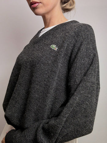 Pull en laine col V gris foncé LACOSTE L vintage