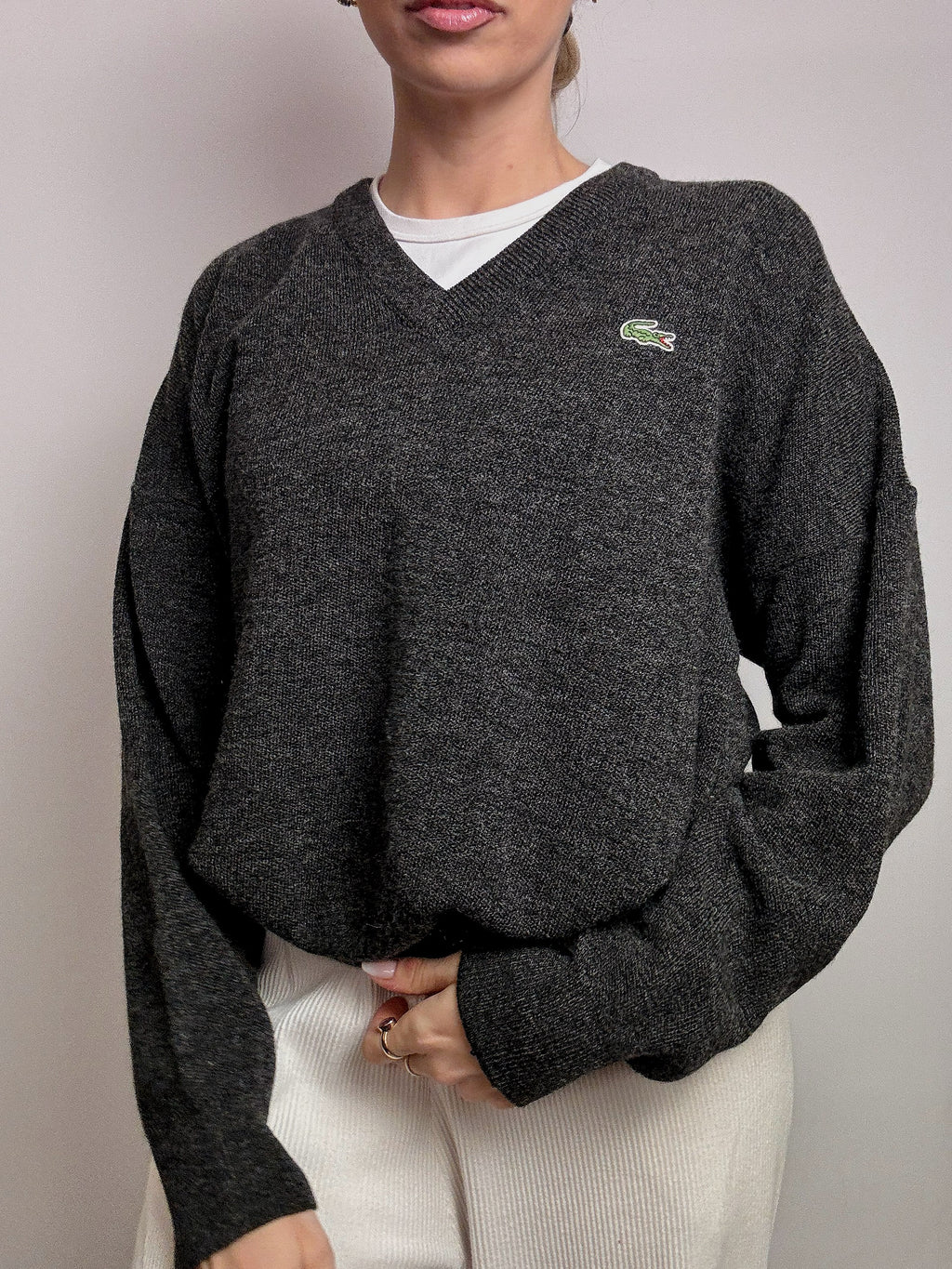 LACOSTE L vintage dark gray V-neck wool sweater