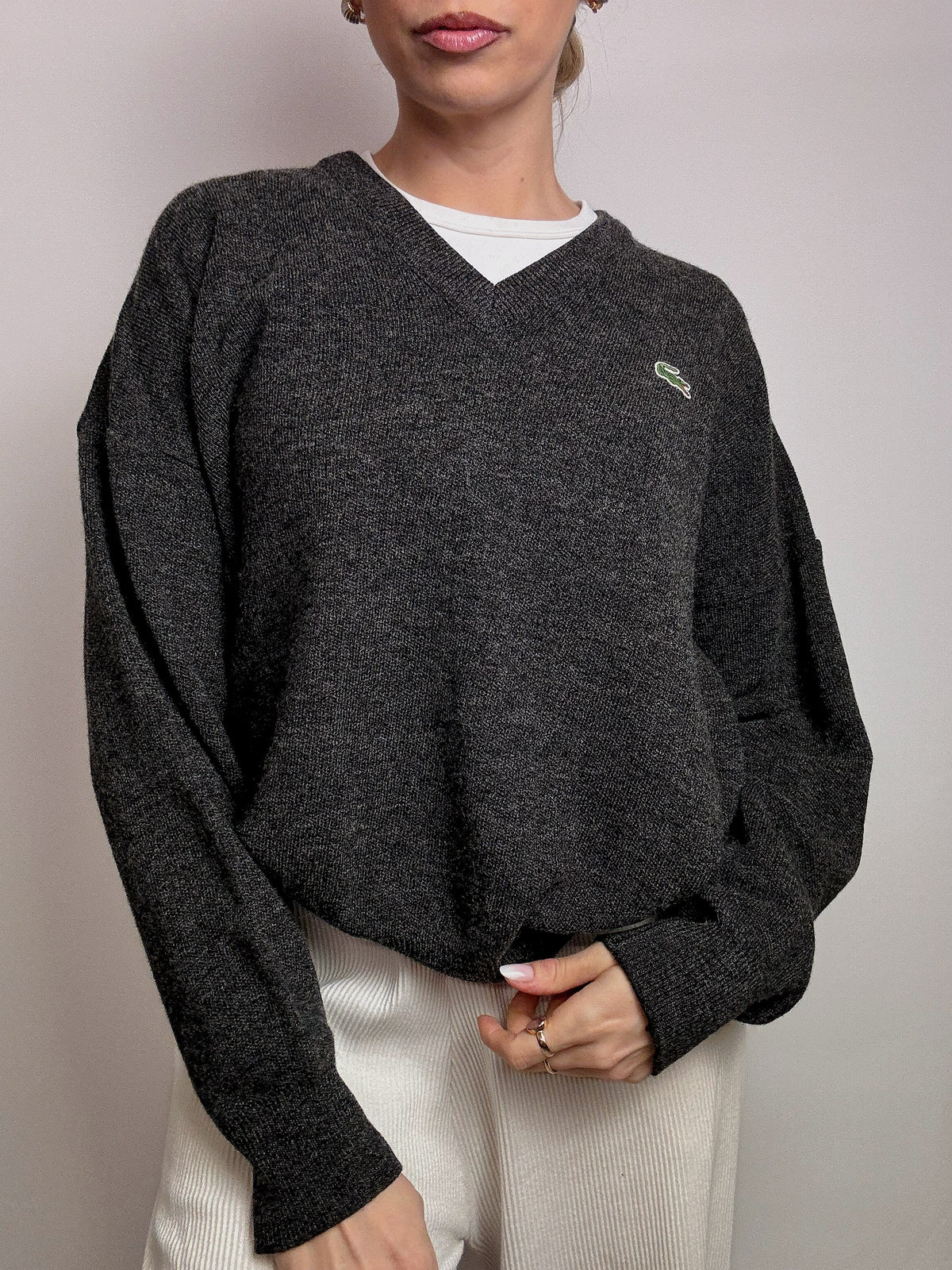 LACOSTE L vintage dark gray V-neck wool sweater