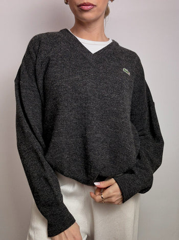 Pull en laine col V gris foncé LACOSTE L vintage