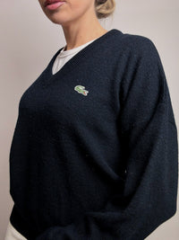 LACOSTE S vintage navy blue V-neck wool sweater