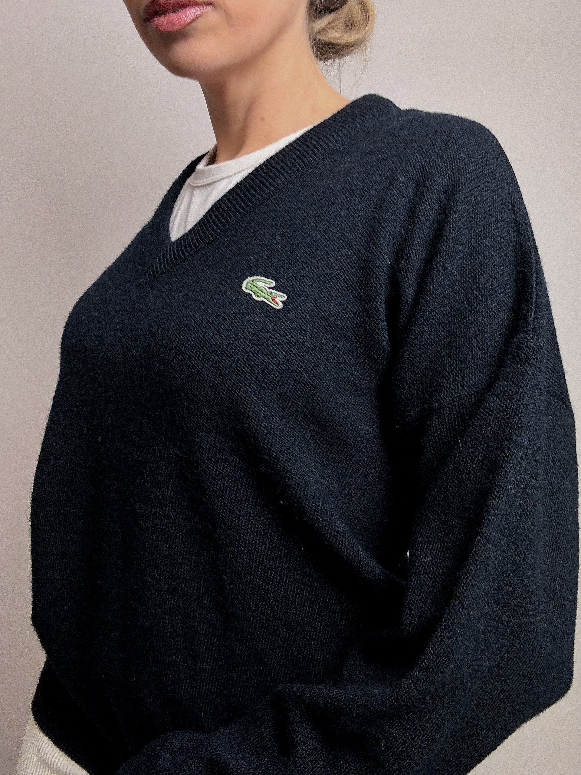 LACOSTE S vintage navy blue V-neck wool sweater