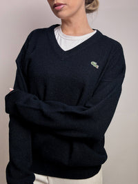 LACOSTE S vintage navy blue V-neck wool sweater