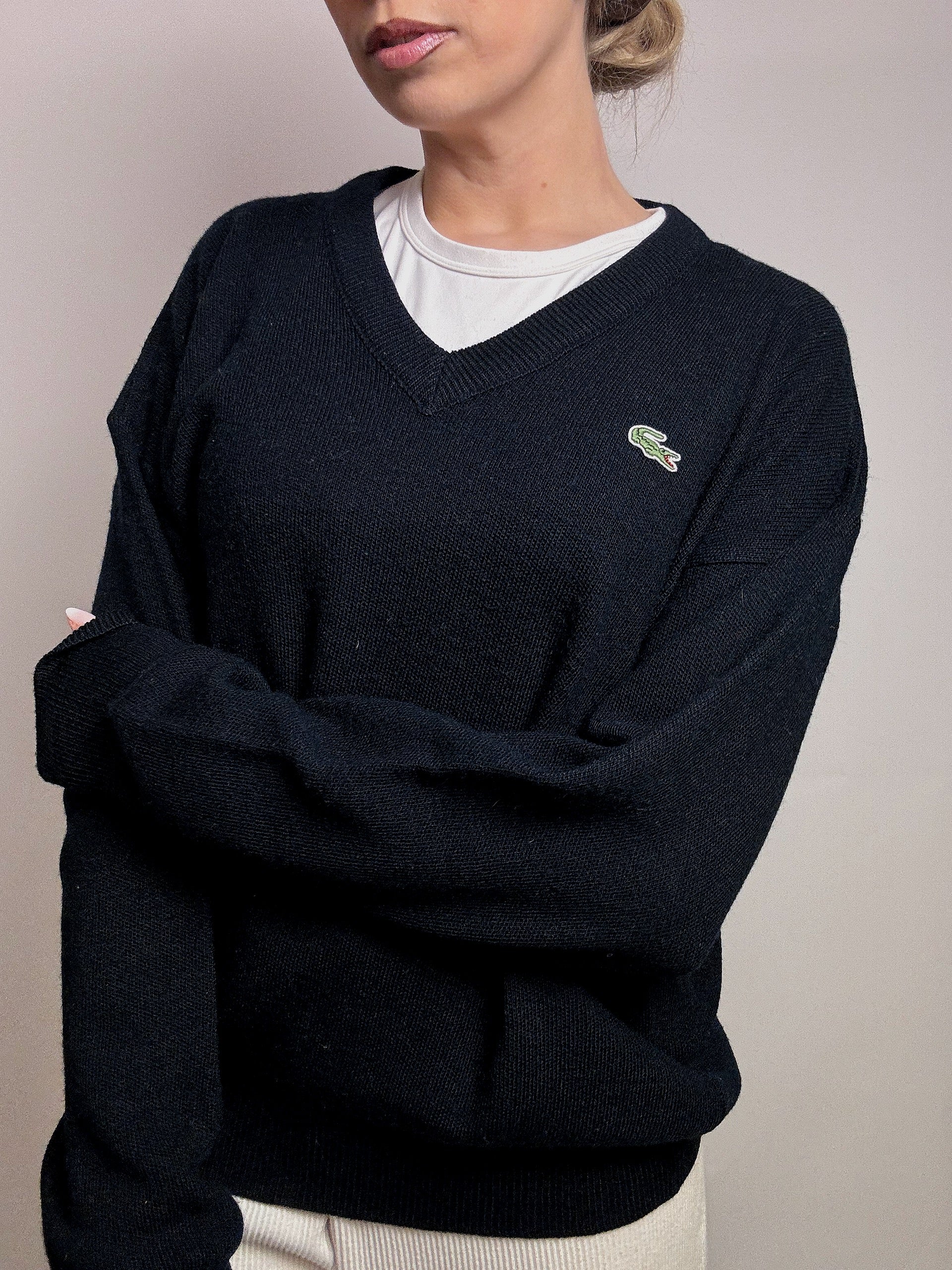 LACOSTE S vintage navy blue V-neck wool sweater
