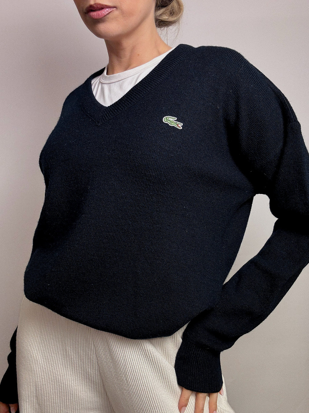 LACOSTE S vintage navy blue V-neck wool sweater