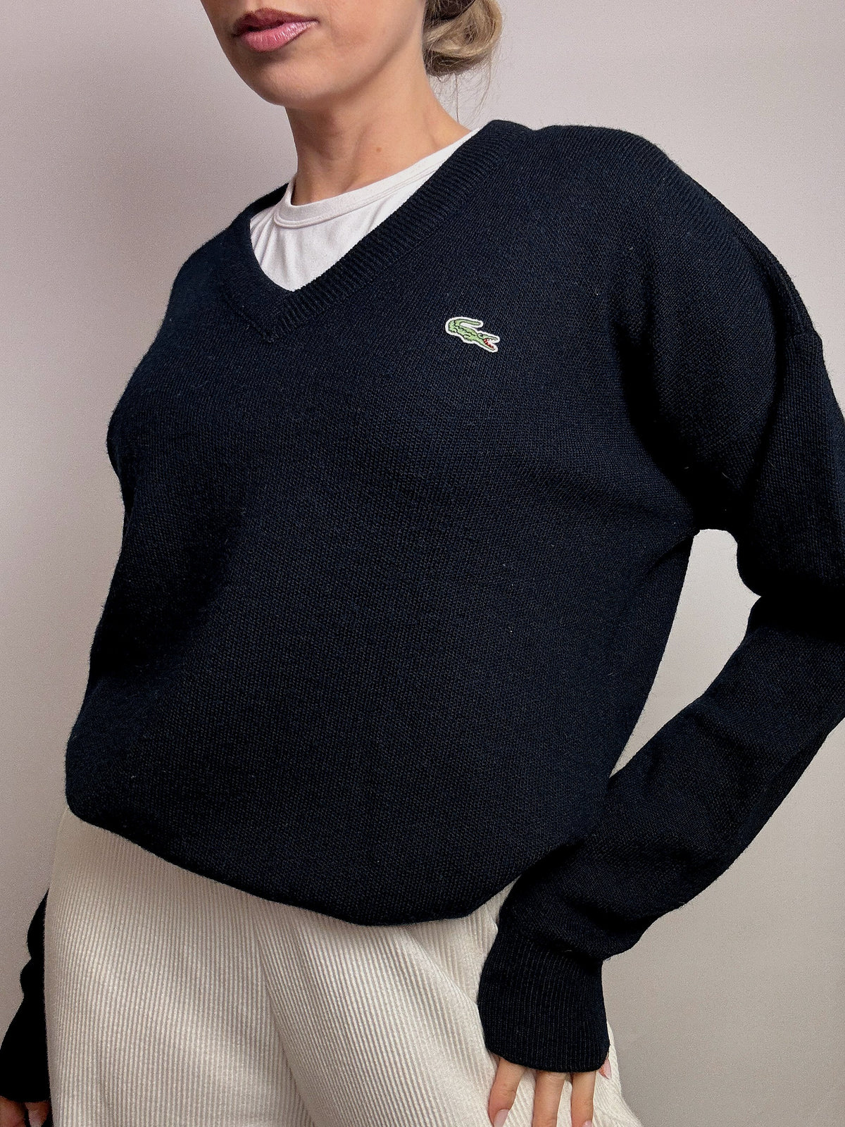LACOSTE S vintage navy blue V-neck wool sweater