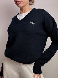 LACOSTE S vintage navy blue V-neck wool sweater