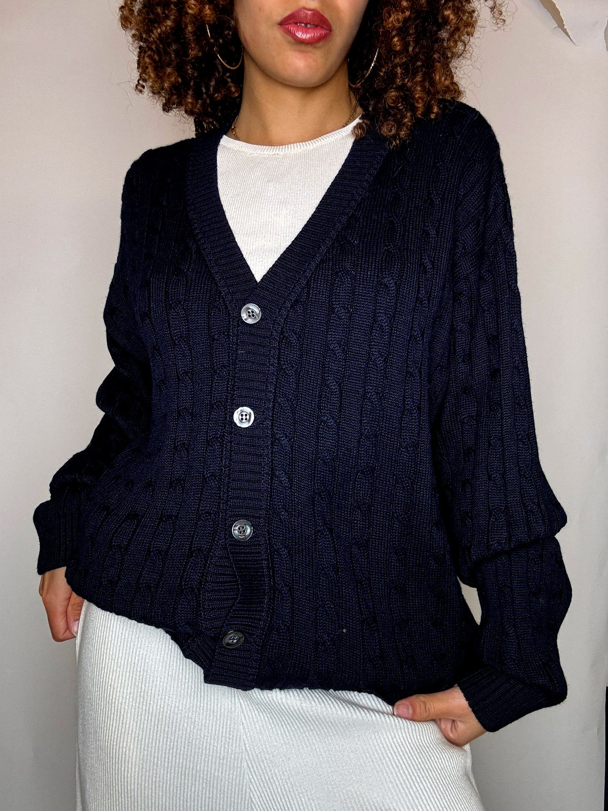 Vintage navy braided knit cardigan XL