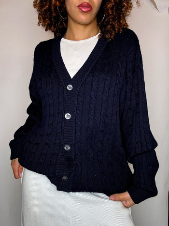 Cardigan en maille tressée marine XL vintage