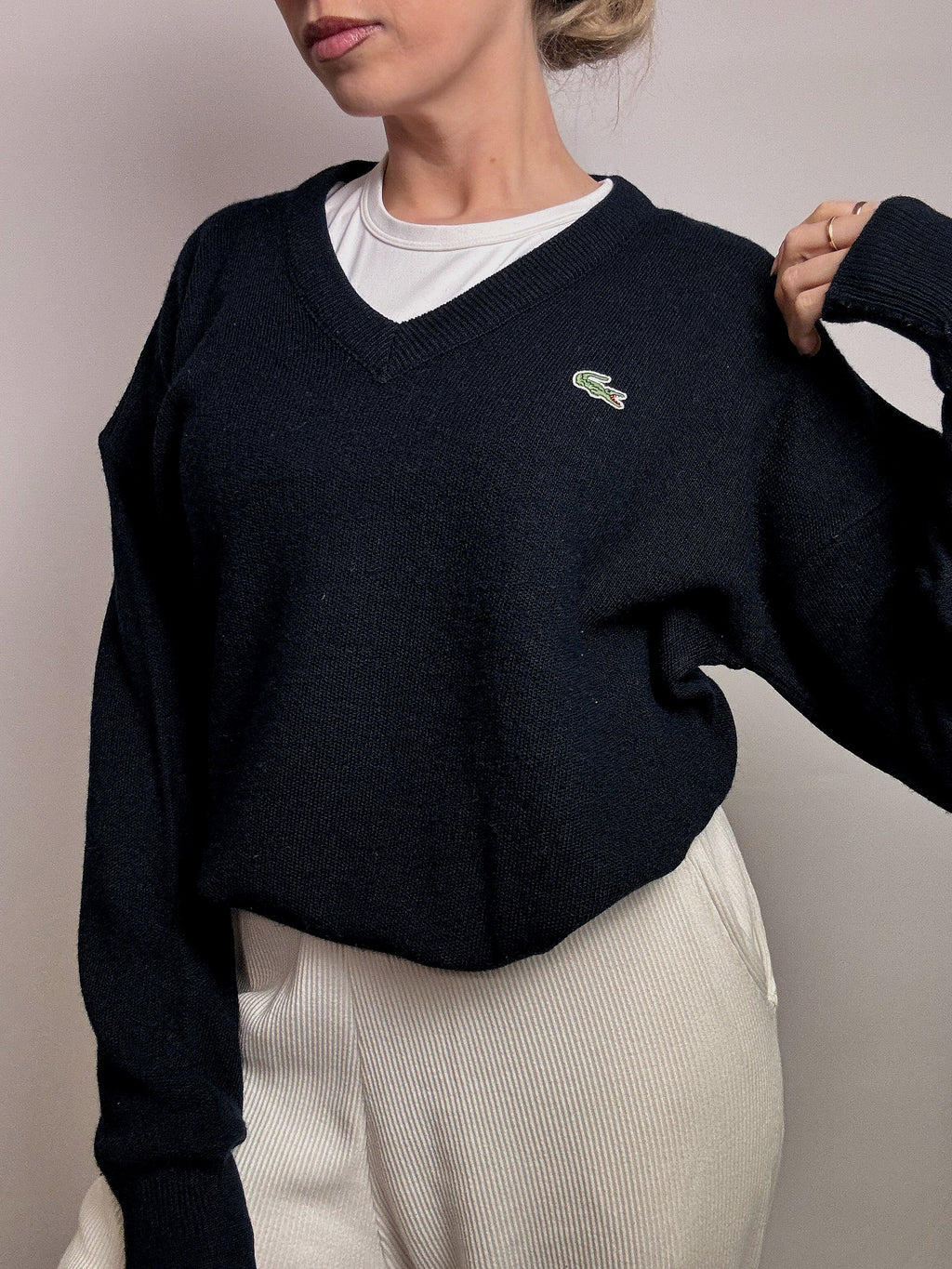 LACOSTE S vintage navy blue V-neck wool sweater