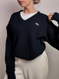 LACOSTE S vintage navy blue V-neck wool sweater