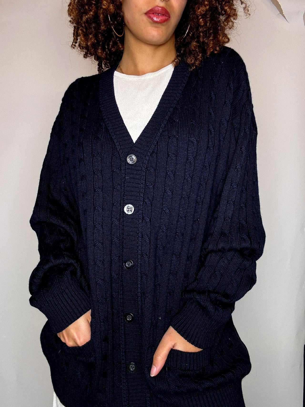 Cardigan en maille tressée marine XL vintage