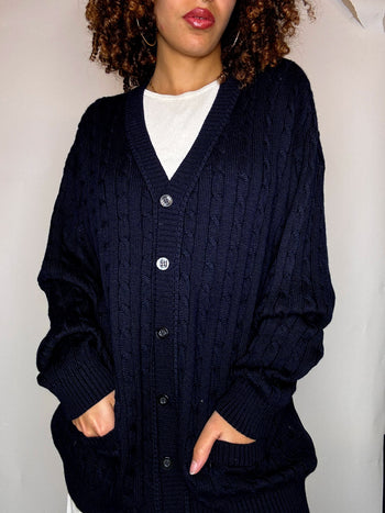 Cardigan en maille tressée marine XL vintage